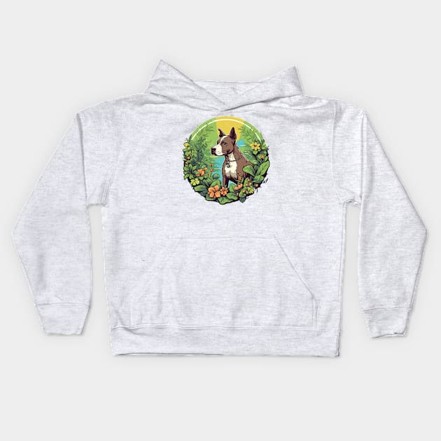 Garden Explorer Amstaff: Nature's Companion Kids Hoodie by Cute Dogs AI